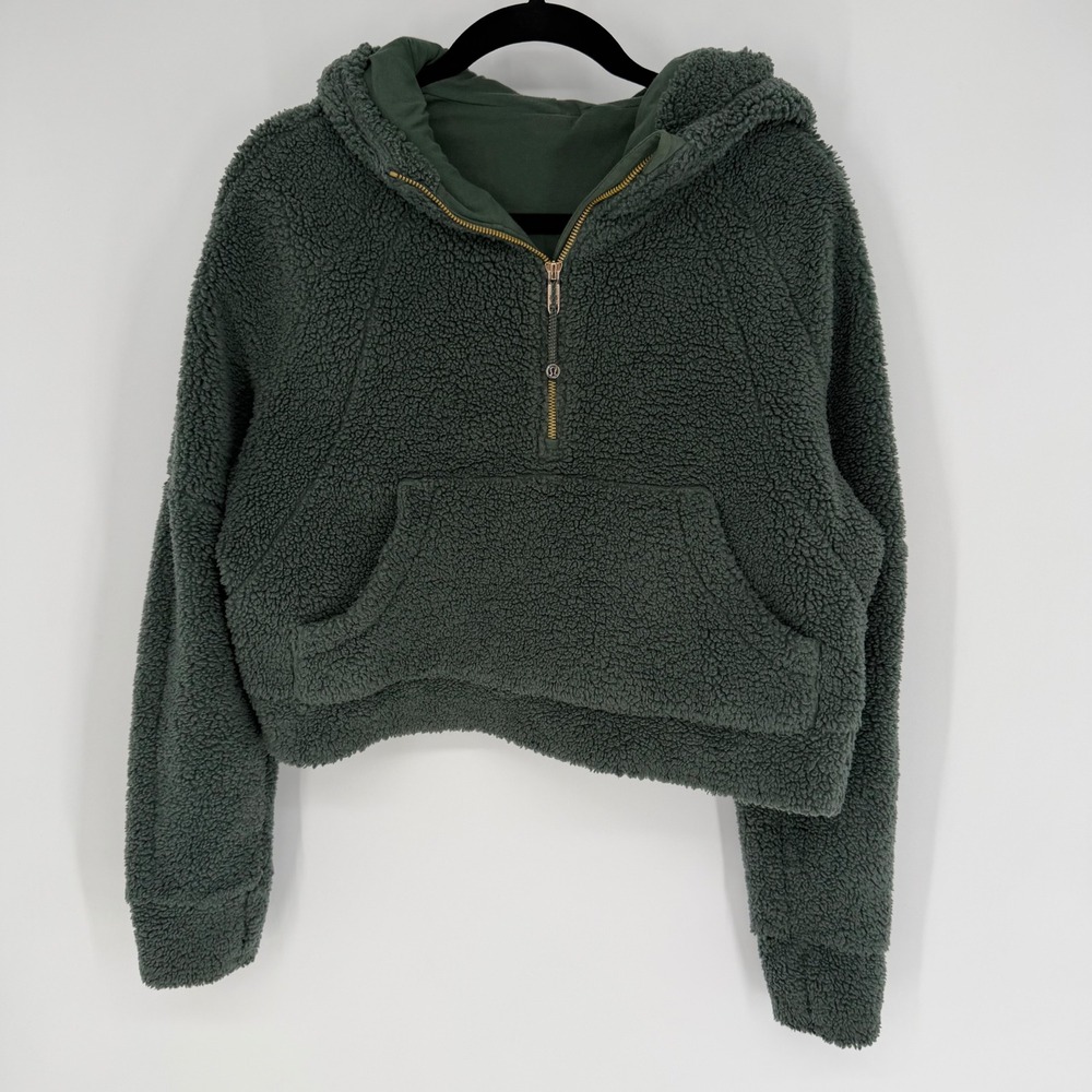 LULULEMON SCUBA OVERSIZED HALF ZIP FLEECE HOODIE XS/S CROPPED TEDDY DARK FOREST